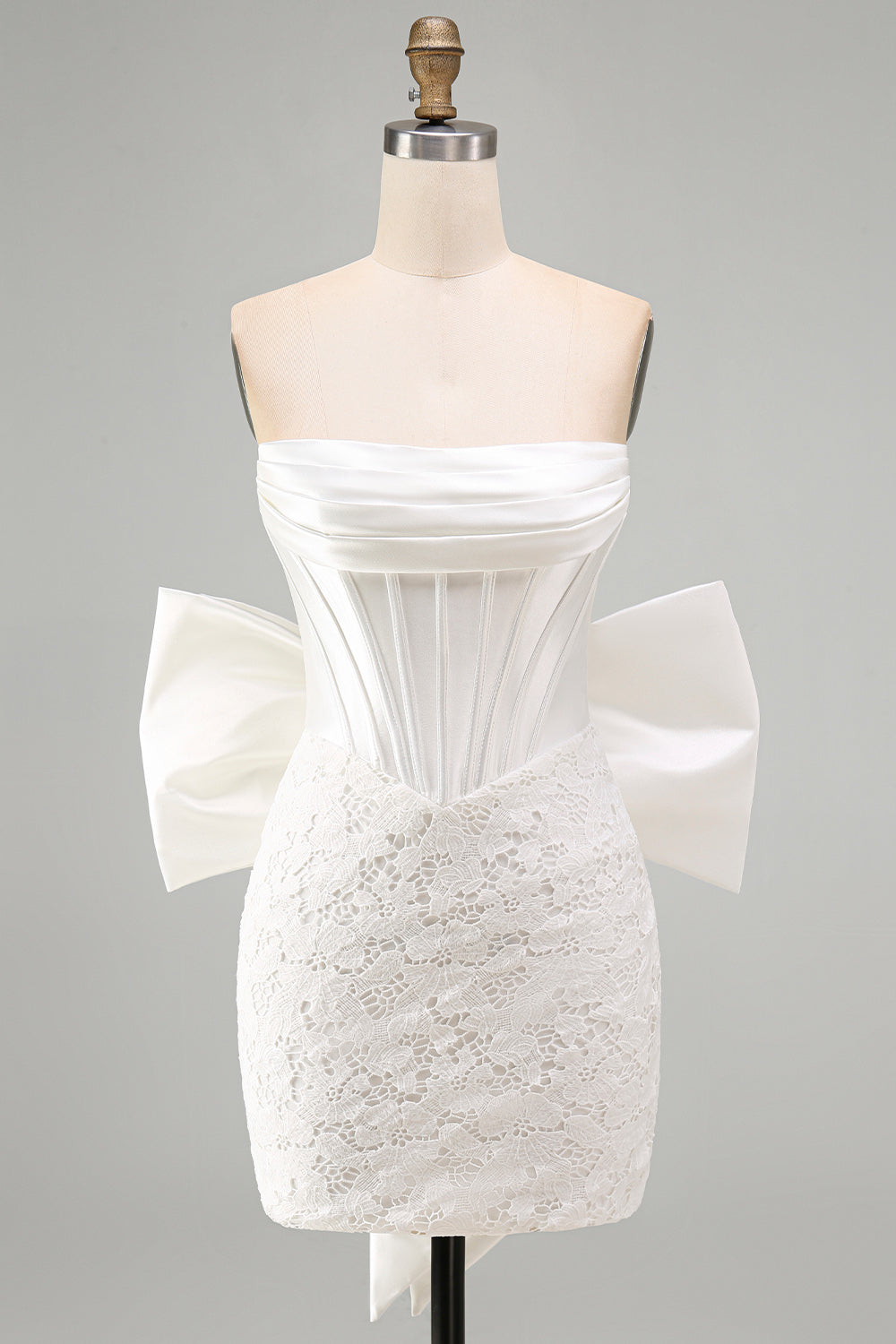 White Corset Lace Bodycon Strapless Short Homecoming Dress with Big Bow