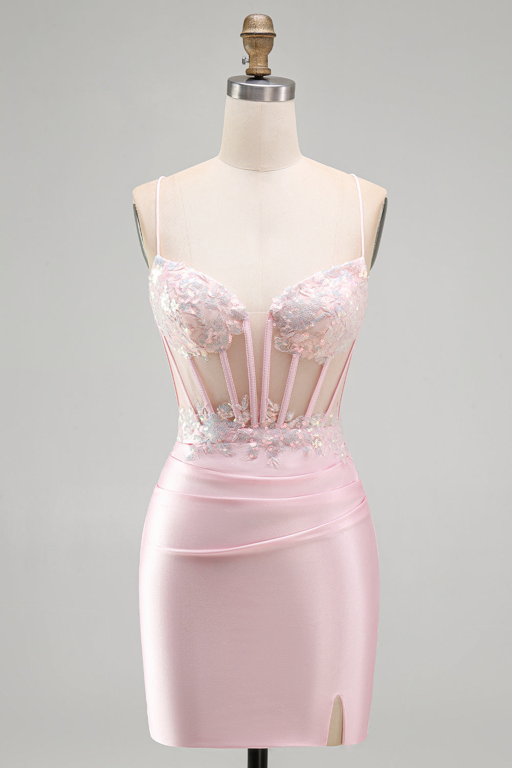 Pink Bodycon Sheer Corset Sequins Satin Short Homecoming Dress with Appliques