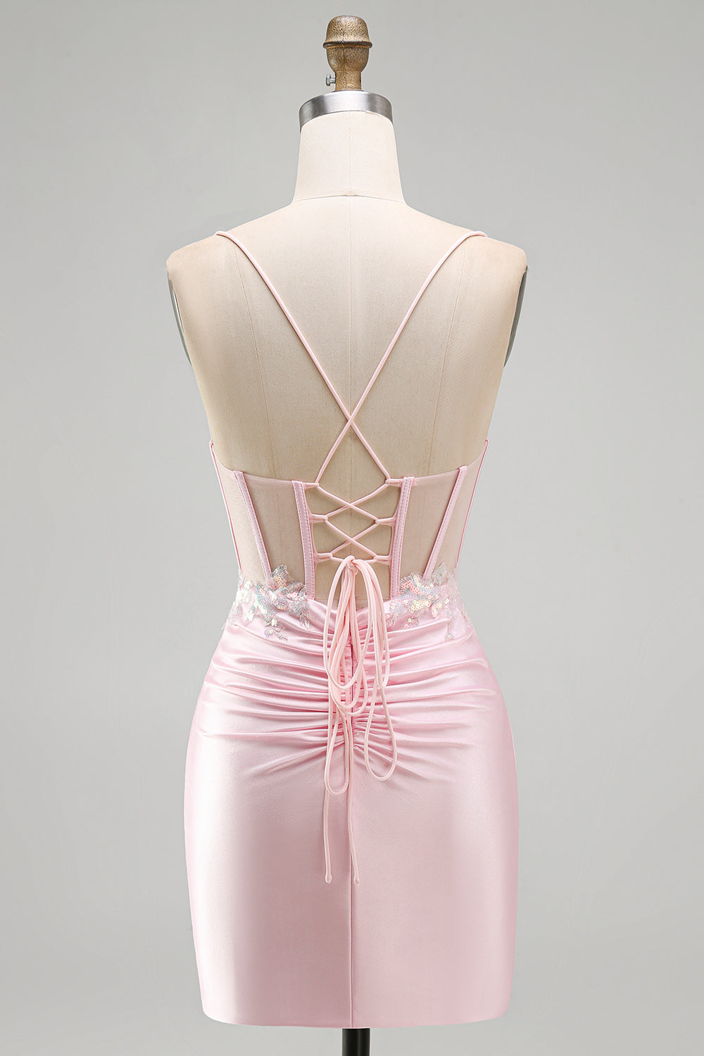 Pink Bodycon Sheer Corset Sequins Satin Short Homecoming Dress with Appliques
