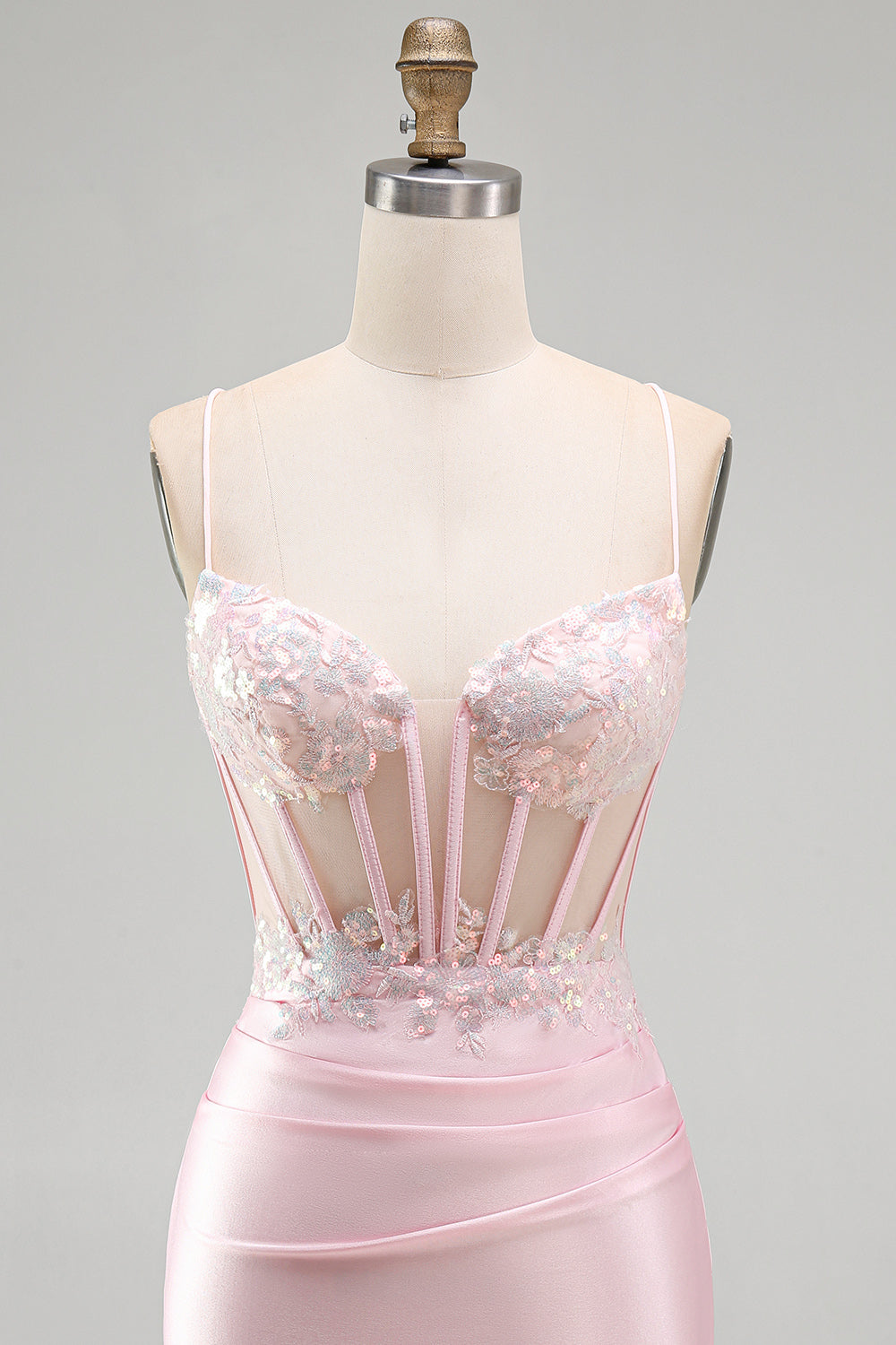 Pink Bodycon Sheer Corset Sequins Satin Short Homecoming Dress with Appliques