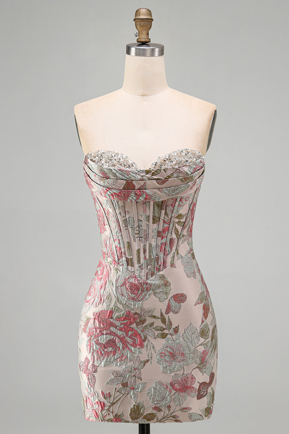 Pink Flower Jacquard Corset Bodycon Sequins Strapless Short Homecoming Dress