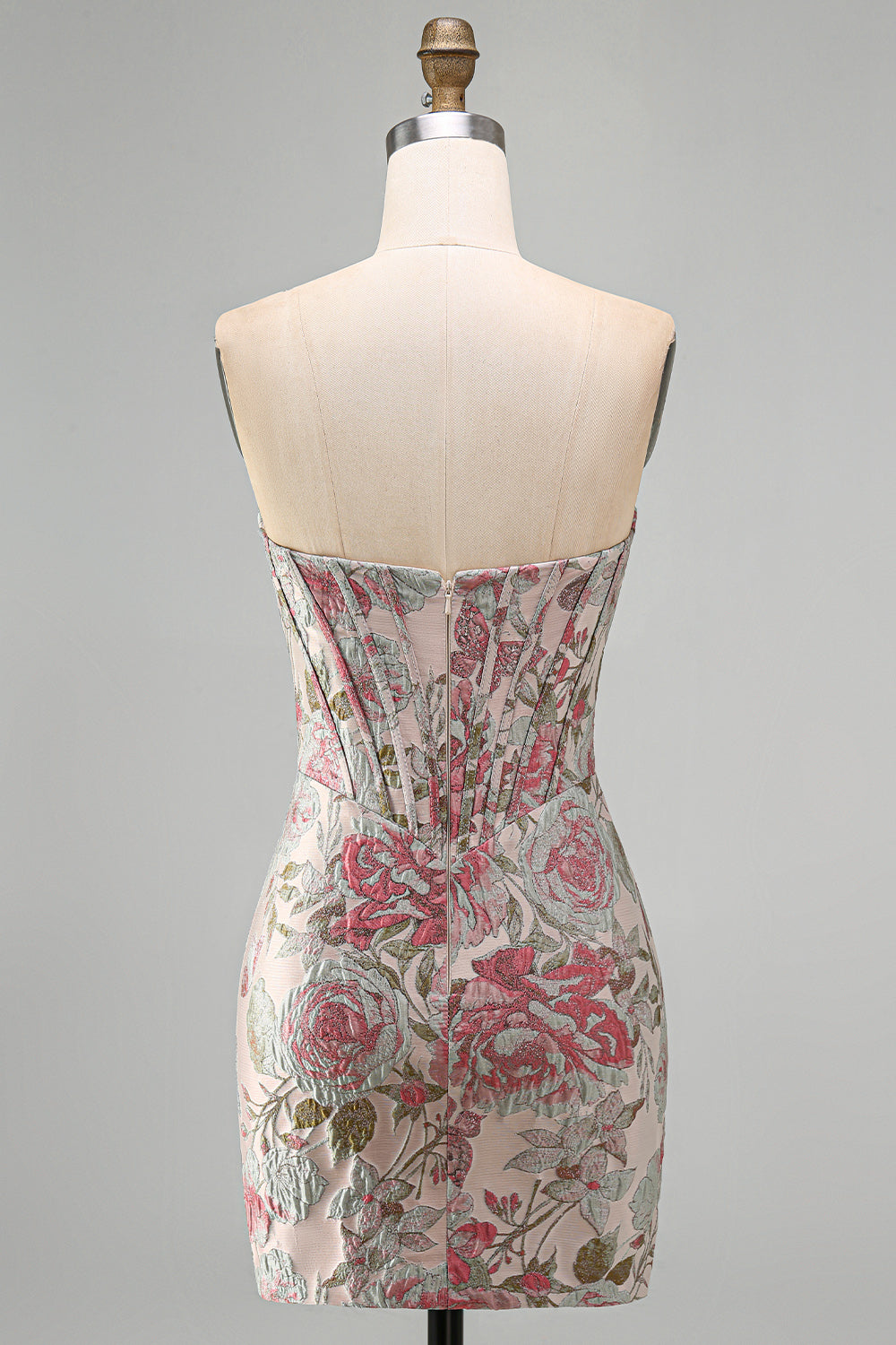 Pink Flower Jacquard Corset Bodycon Sequins Strapless Short Homecoming Dress