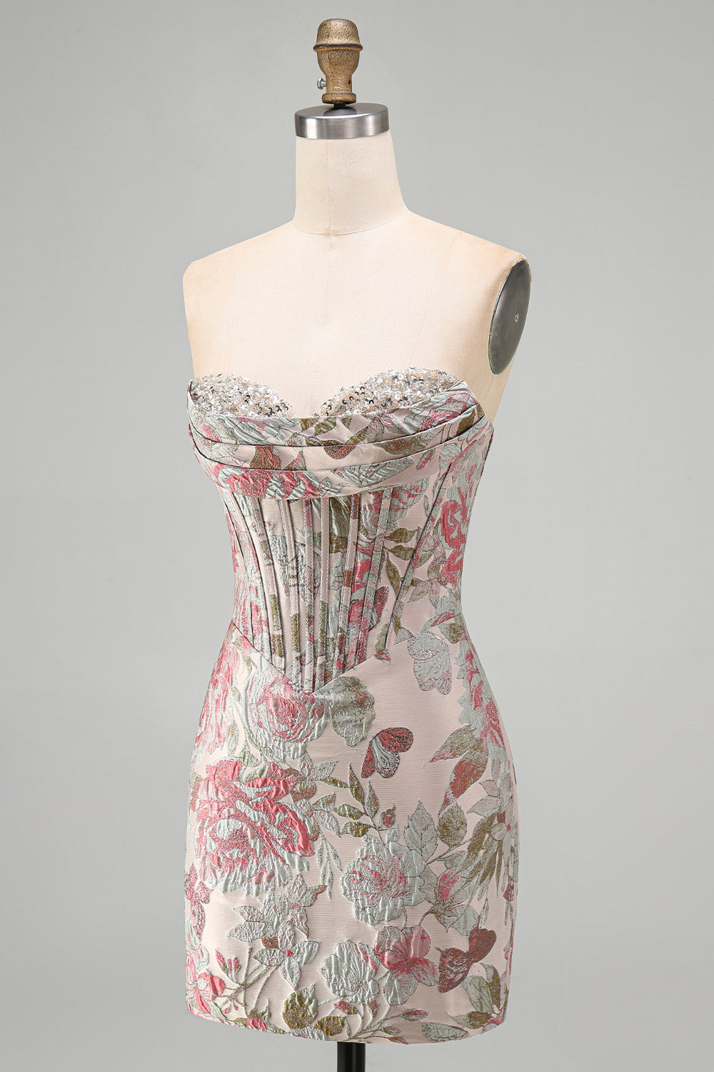 Pink Flower Jacquard Corset Bodycon Sequins Strapless Short Homecoming Dress