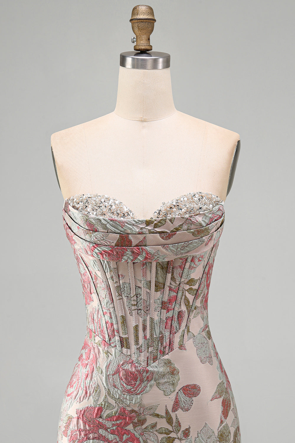Pink Flower Jacquard Corset Bodycon Sequins Strapless Short Homecoming Dress