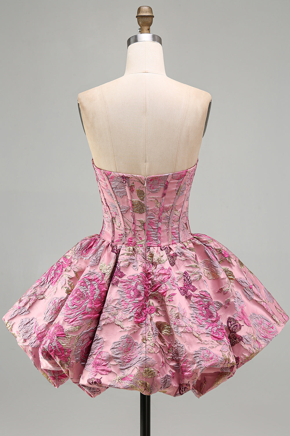 Red Flower Corset Jacquard A-Line Strapless Short Homecoming Dress with Bubble Hem