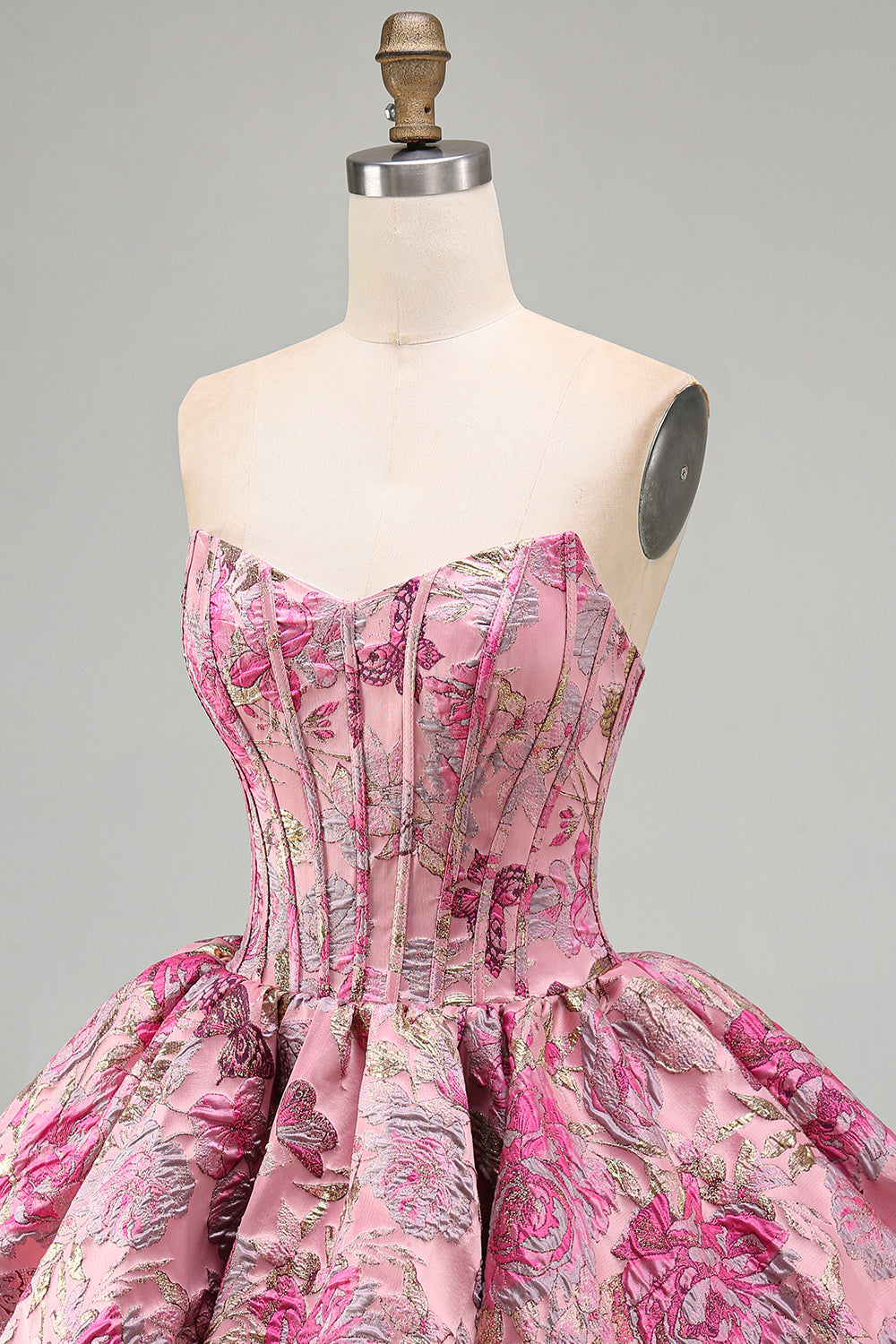 Red Flower Corset Jacquard A-Line Strapless Short Homecoming Dress with Bubble Hem