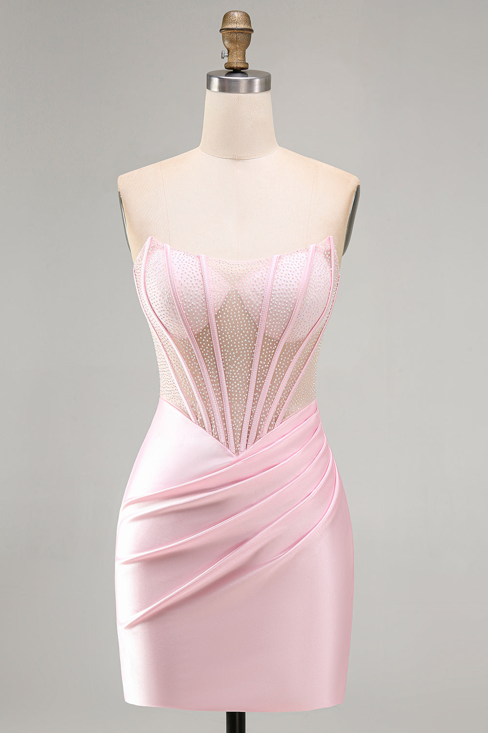 Pink Sheer Corset Ruched Satin Bodycon Short Homecoming Dress with Beading