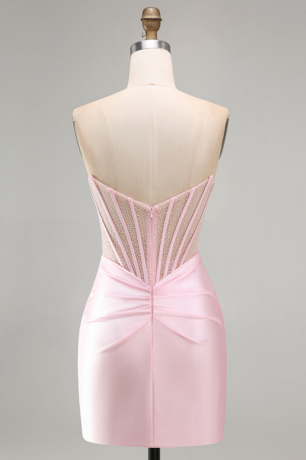 Pink Sheer Corset Ruched Satin Bodycon Short Homecoming Dress with Beading