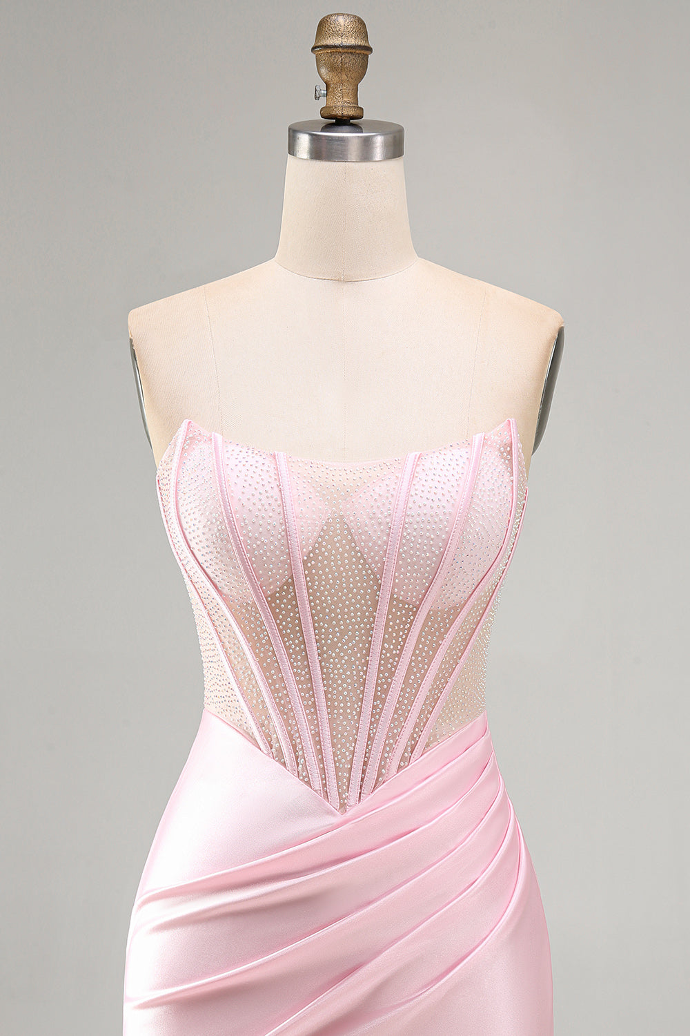 Pink Sheer Corset Ruched Satin Bodycon Short Homecoming Dress with Beading