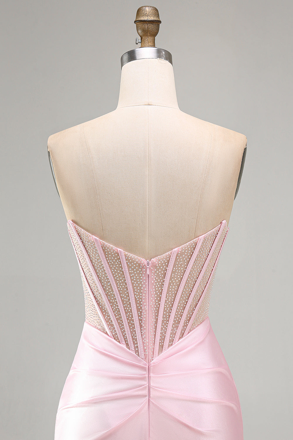 Pink Sheer Corset Ruched Satin Bodycon Short Homecoming Dress with Beading