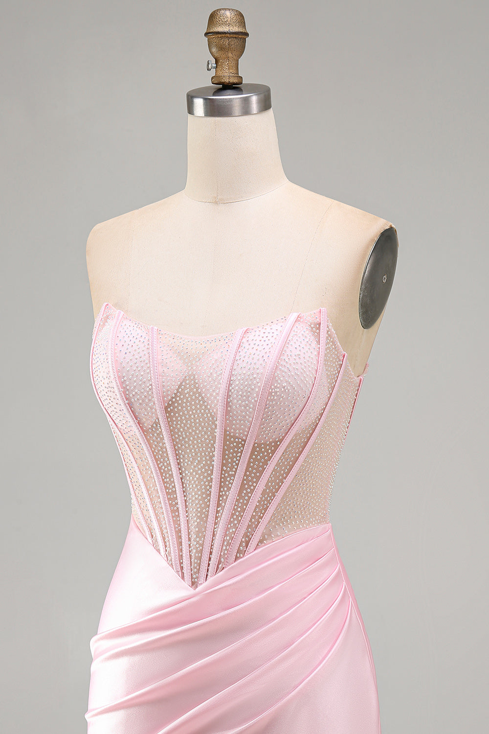 Pink Sheer Corset Ruched Satin Bodycon Short Homecoming Dress with Beading