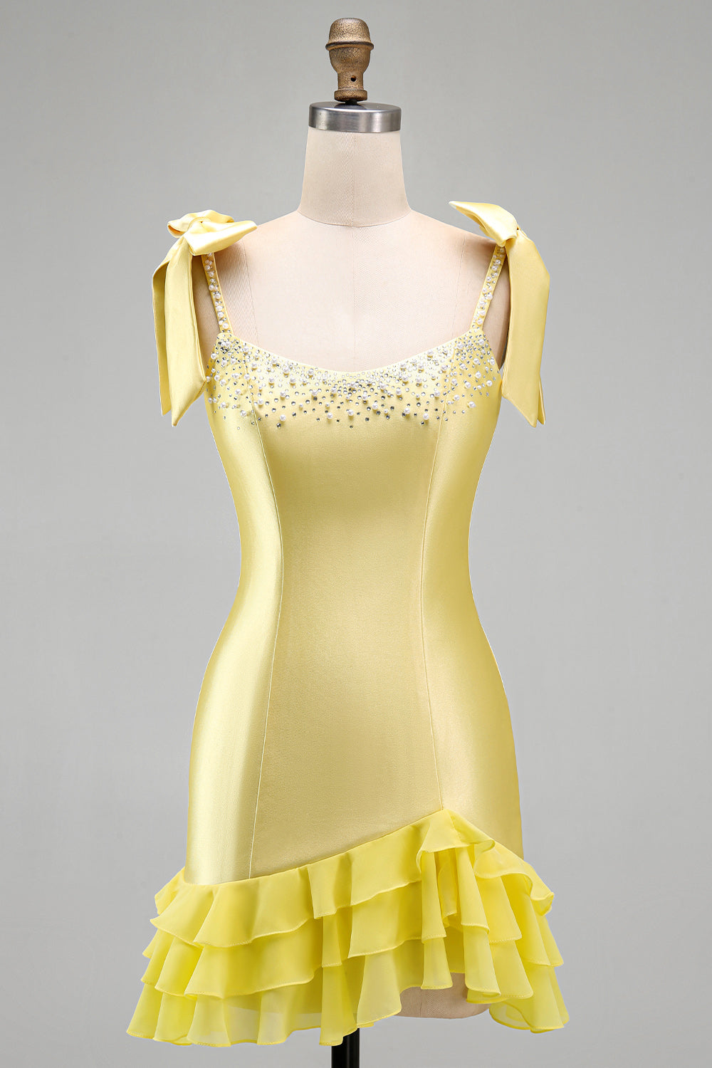 Yellow Satin Tiered Ruffled Hem Pearls Beaded Short Homecoming Dress with Bow Straps