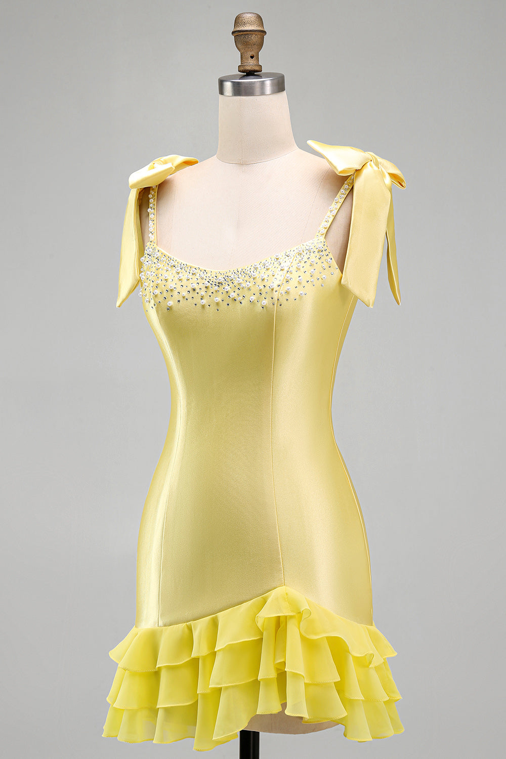 Yellow Satin Tiered Ruffled Hem Pearls Beaded Short Homecoming Dress with Bow Straps