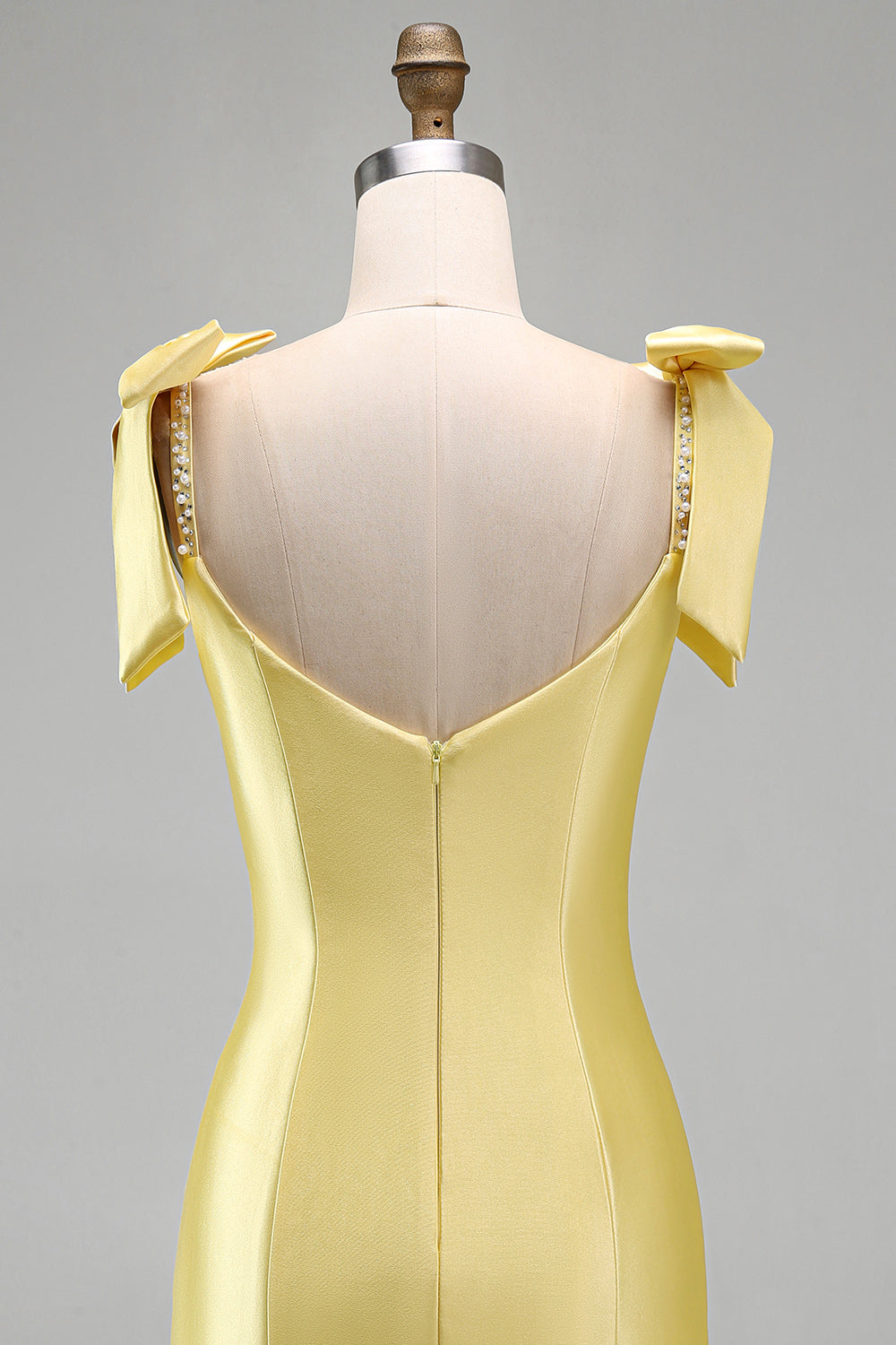Yellow Satin Tiered Ruffled Hem Pearls Beaded Short Homecoming Dress with Bow Straps