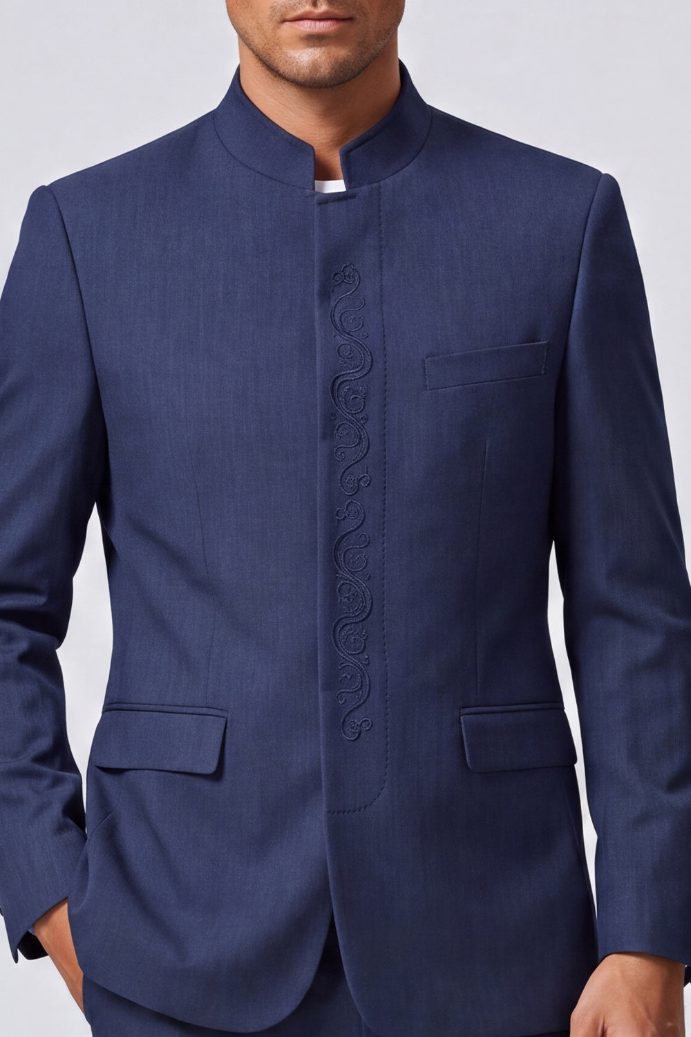 Costume de bal deux pièces bleu marine à col mandarin et broderies pour homme