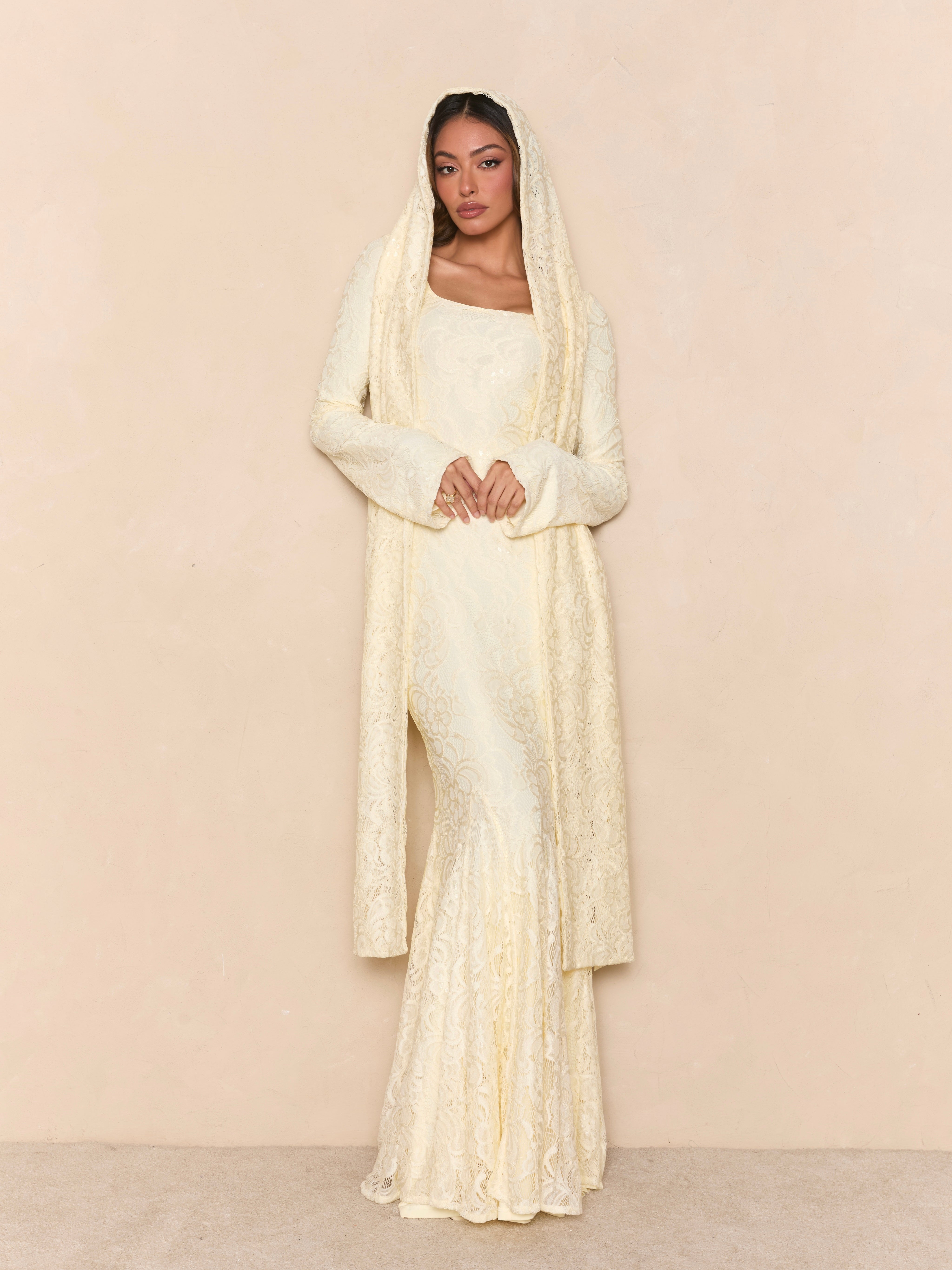 Verano Muse™ Vestido Maxi de Encaje con Manga Acampanada y Pañuelo Removible | Silueta Sirena