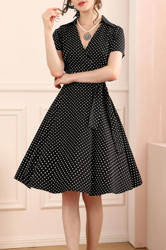 Black Dress with Small White Polka Dots and V-Neck