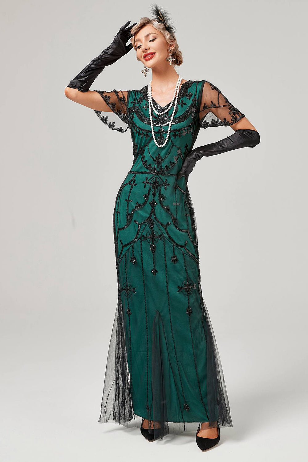 Robe longue noire blush à paillettes des années 20