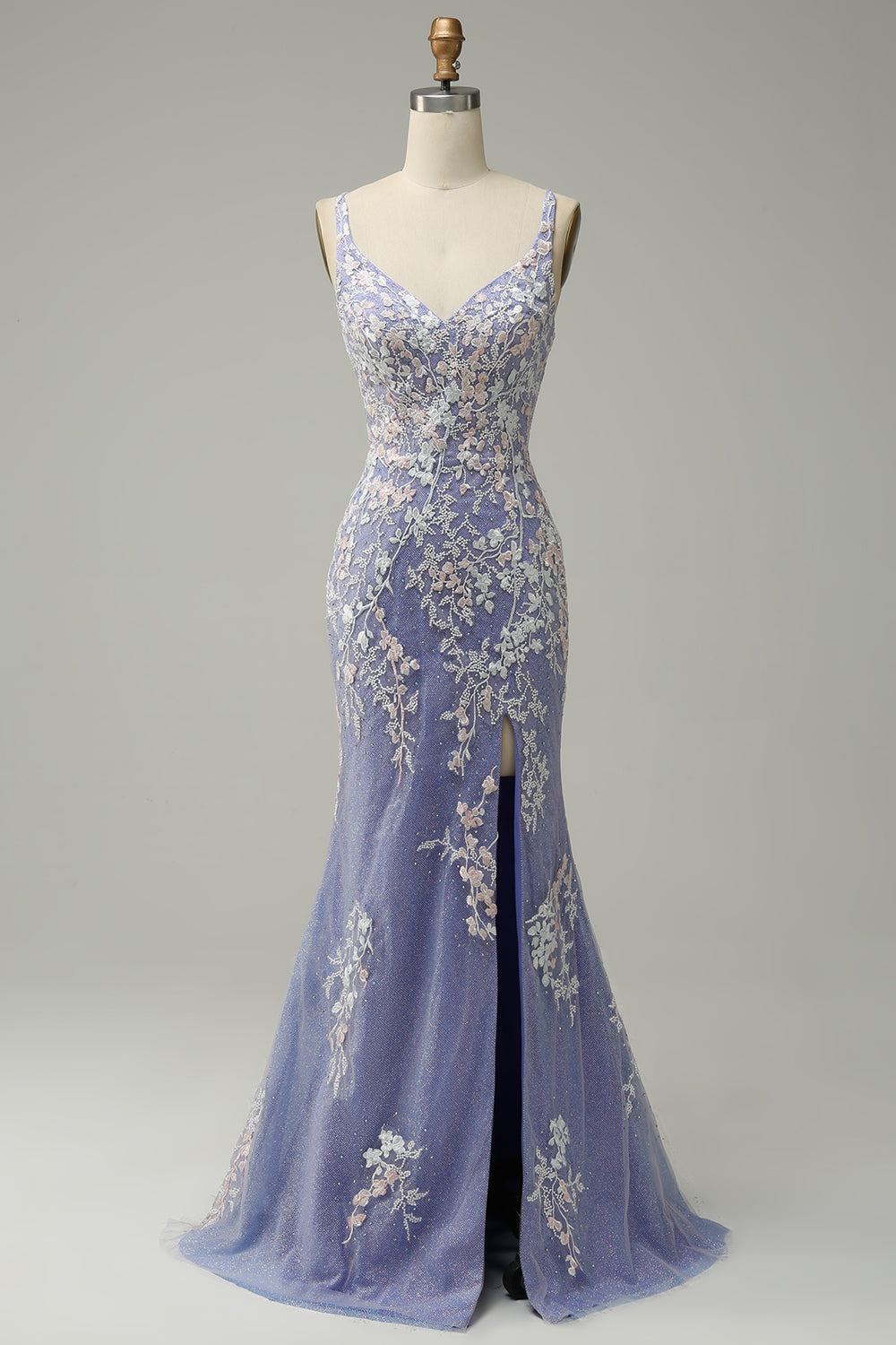 Robe de bal longue bleu clair sirène tendance col en V avec applications et fente