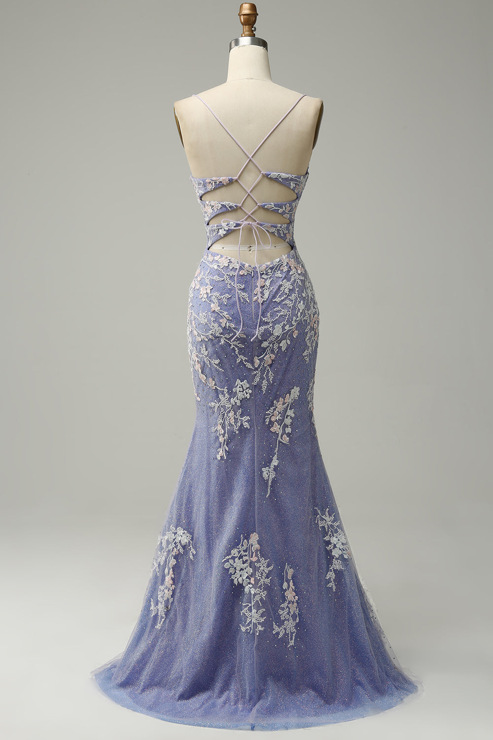 Robe de bal longue bleu clair sirène tendance col en V avec applications et fente