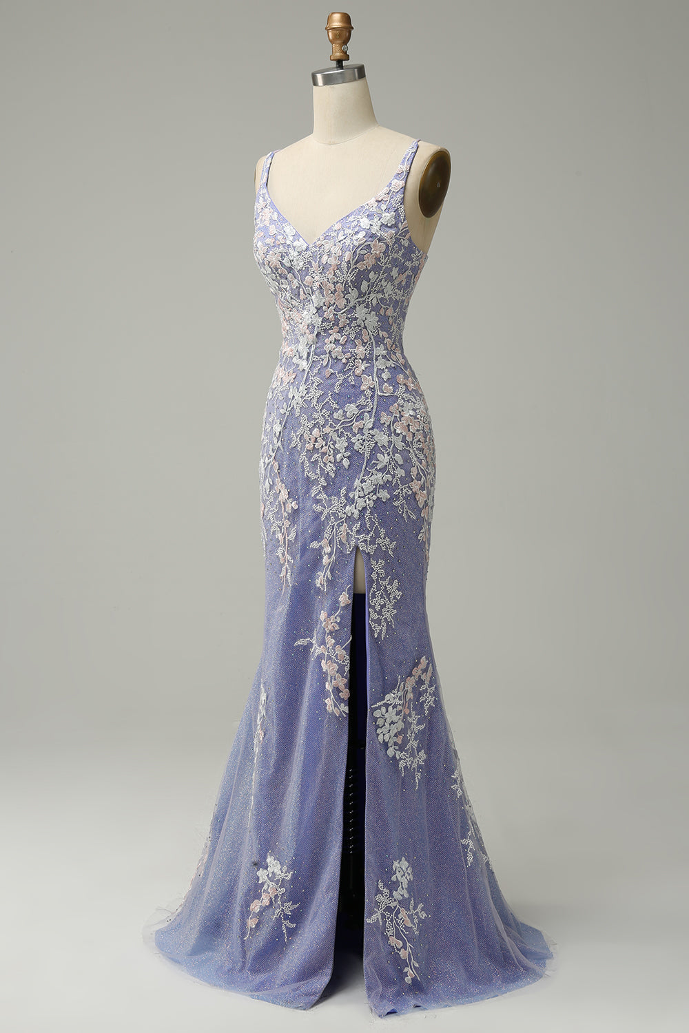 Robe de bal longue bleu clair sirène tendance col en V avec applications et fente