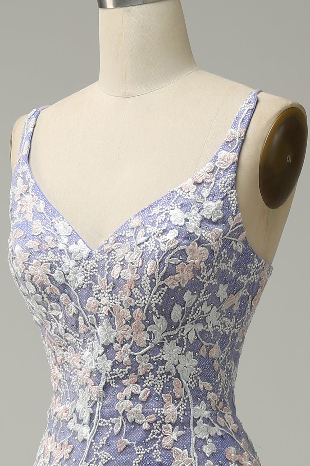 Robe de bal longue bleu clair sirène tendance col en V avec applications et fente