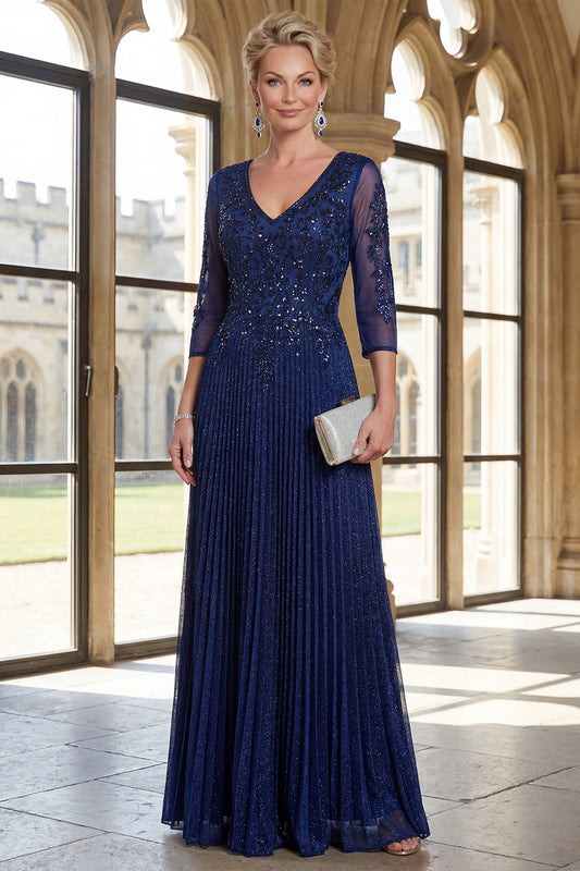 Robe de demoiselle d'honneur trapèze bleu marine brillante, col en V, plissée
