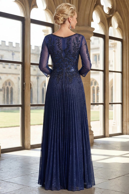 Robe de demoiselle d'honneur trapèze bleu marine brillante, col en V, plissée