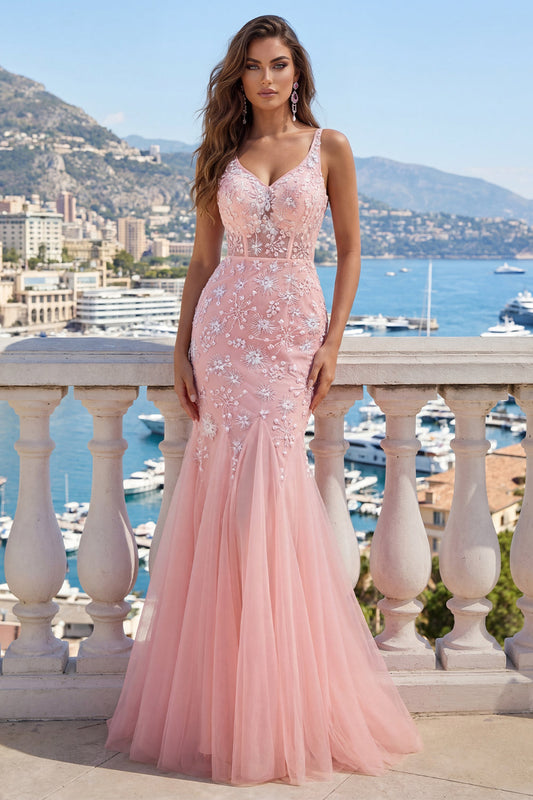 Robe de bal sirène en tulle rose à col en V et appliqués