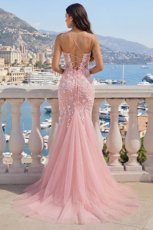 Robe de bal sirène en tulle rose à col en V et appliqués