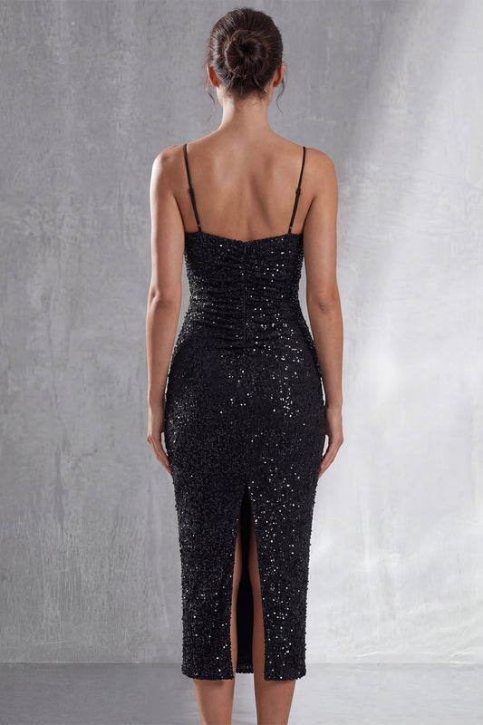 Robe fourreau midi noire scintillante à fines bretelles