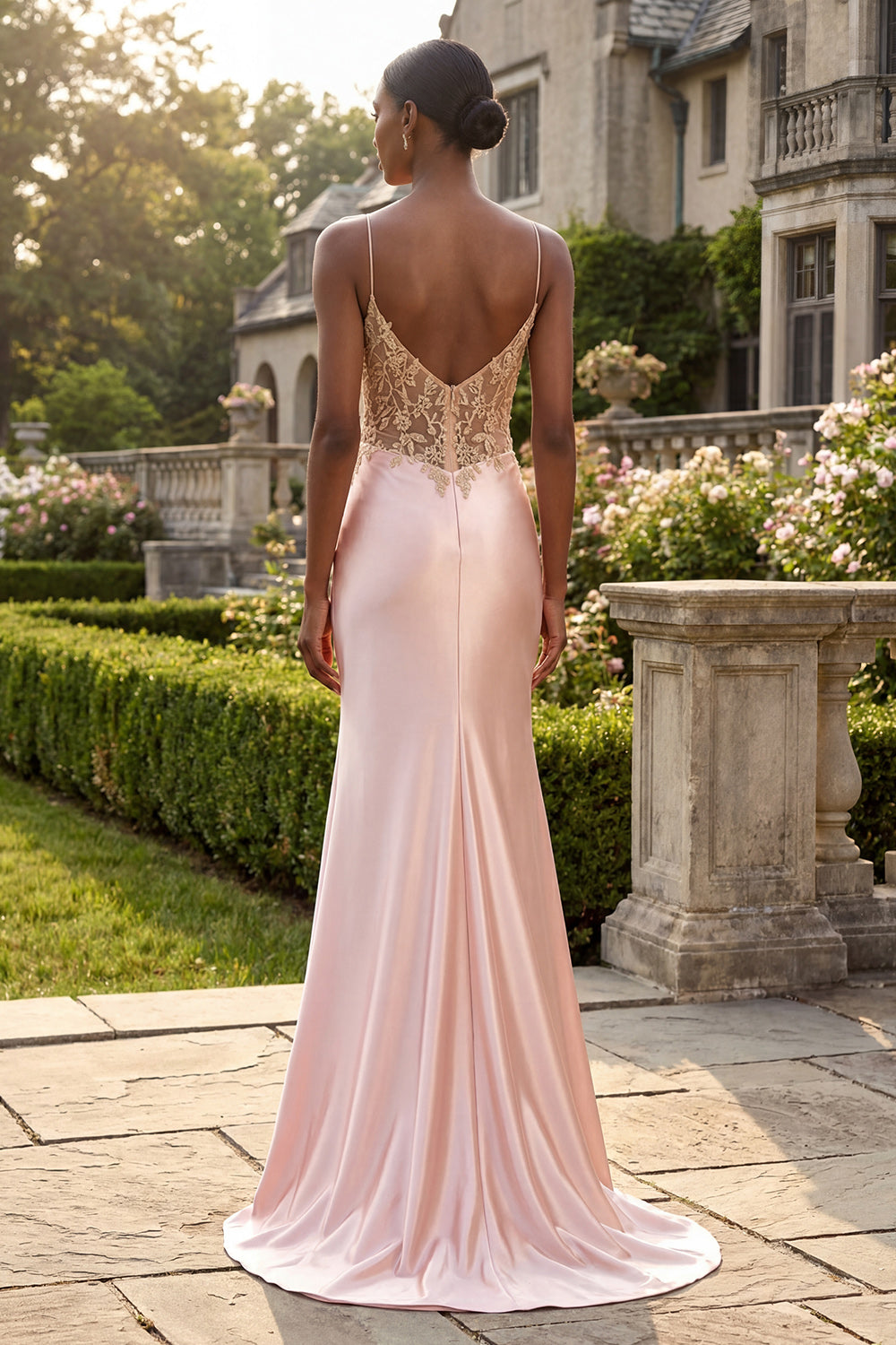 Champagne Appliqued Corset Mermaid Long Prom Dress with Slit