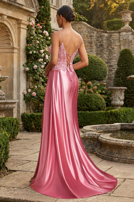 Robe de bal longue sirène rose brodée à fines bretelles avec fente