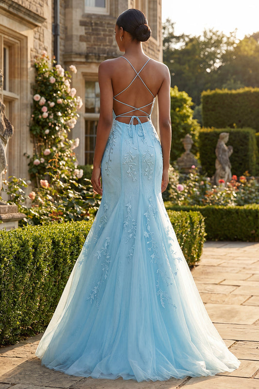 Robe de bal longue bleu sirène à fines bretelles appliquées