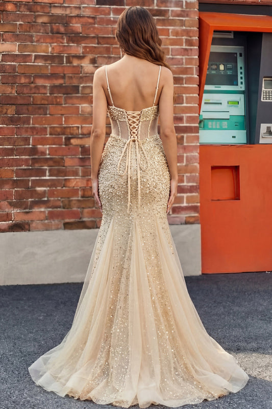 Robe de bal corset sirène à paillettes champagne