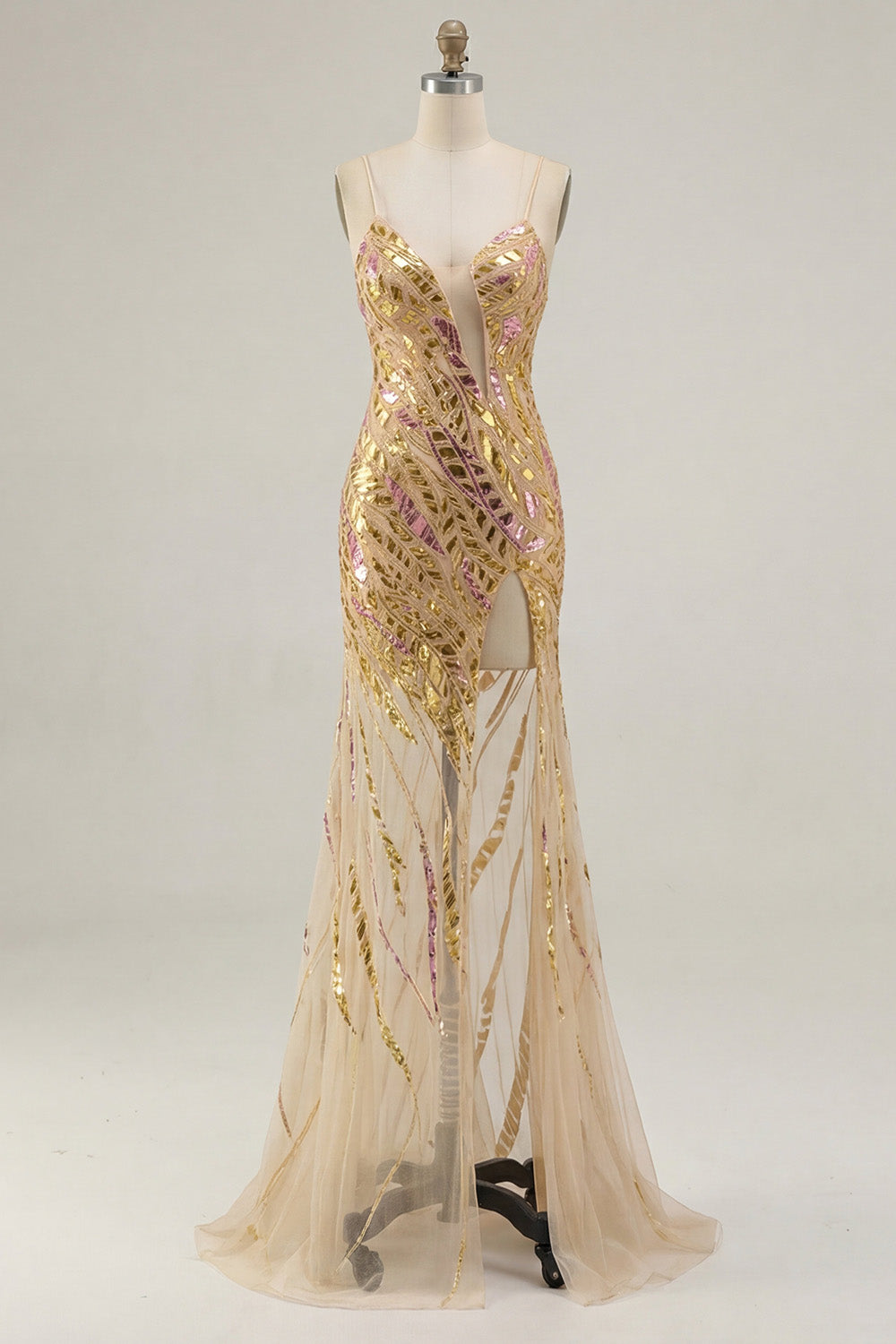 Vestido de fiesta de sirena con tirantes delgados dorados brillantes y abertura