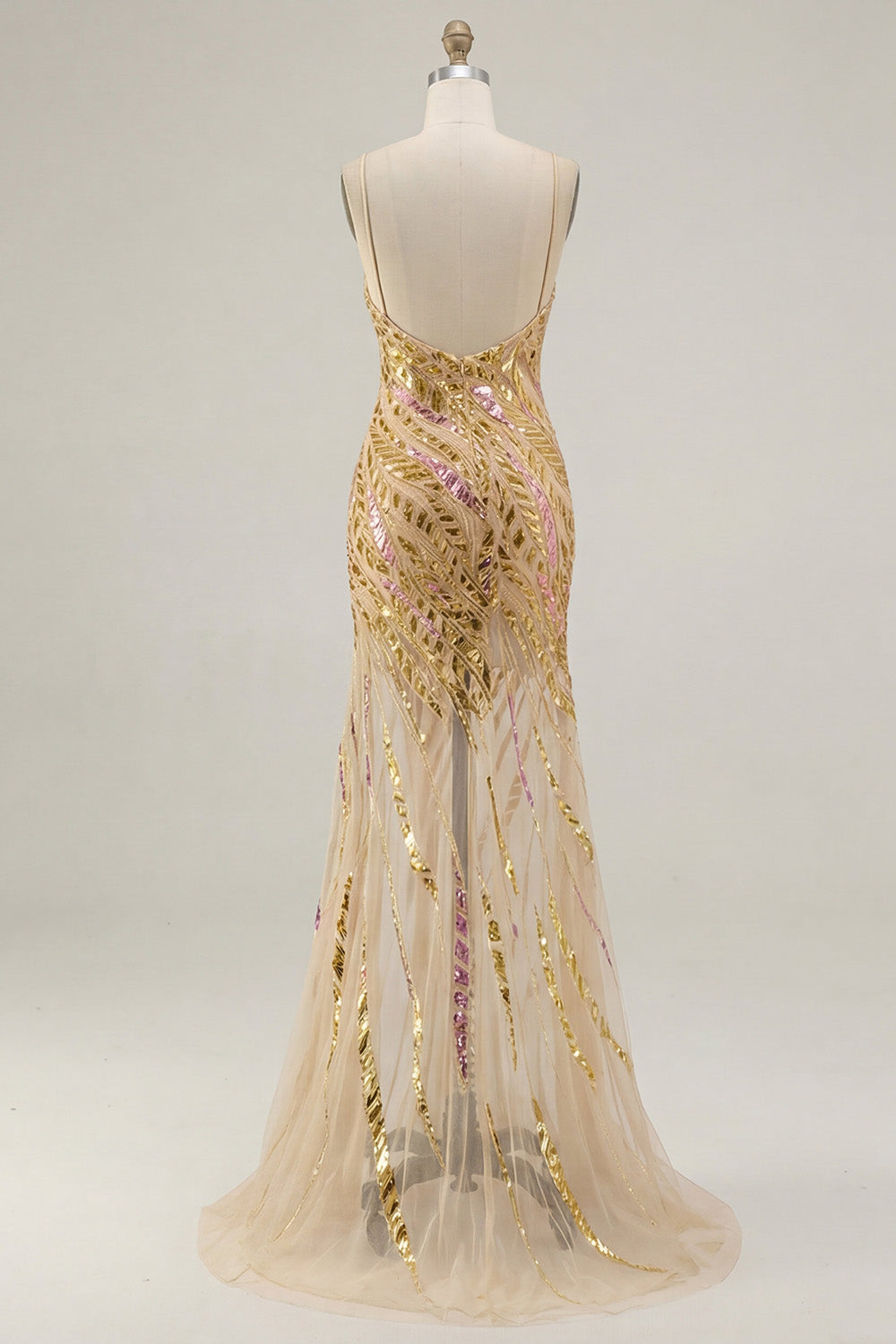 Vestido de fiesta de sirena con tirantes delgados dorados brillantes y abertura