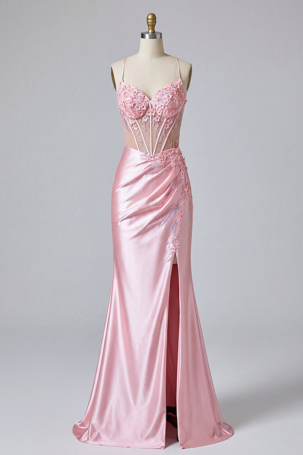 Vestido de Graduación Sirena Corsé Floral Rosa con Abertura