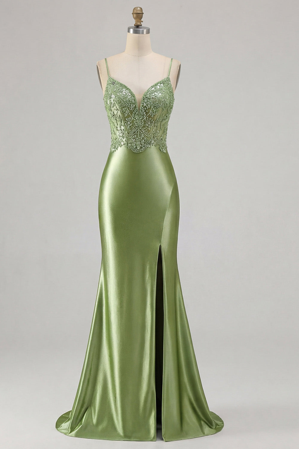 Robe de bal sirène verte appliquée avec fente