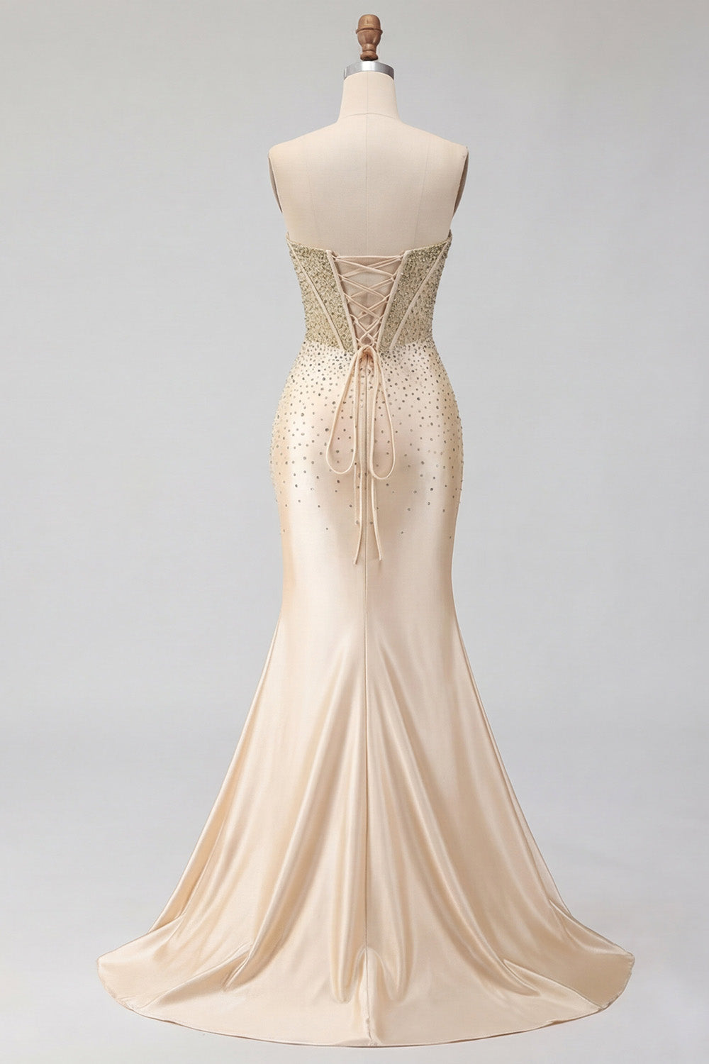 Sweetheart Champagne Beaded Mermaid Corset Long Prom Dress with Slit