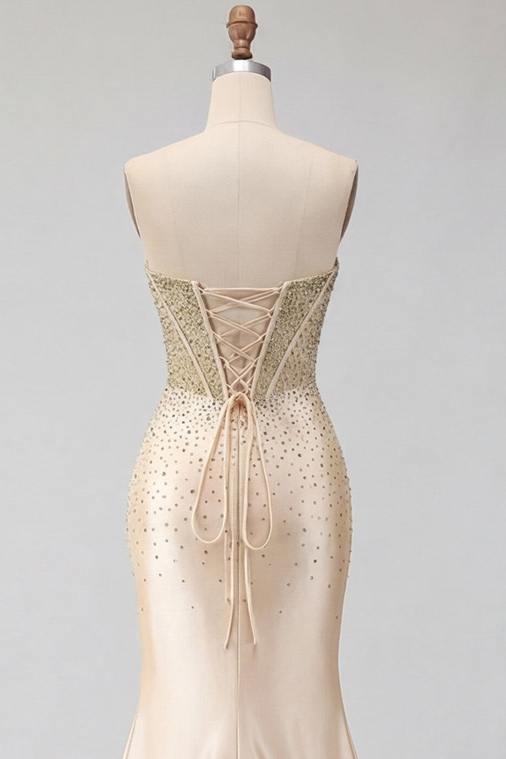 Sweetheart Champagne Beaded Mermaid Corset Long Prom Dress with Slit