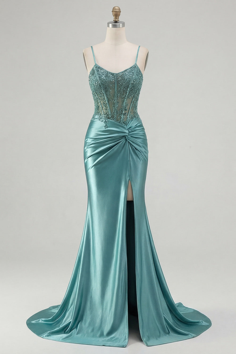 Blue Mermaid Corset Appliqued Long Prom Dress with Slit