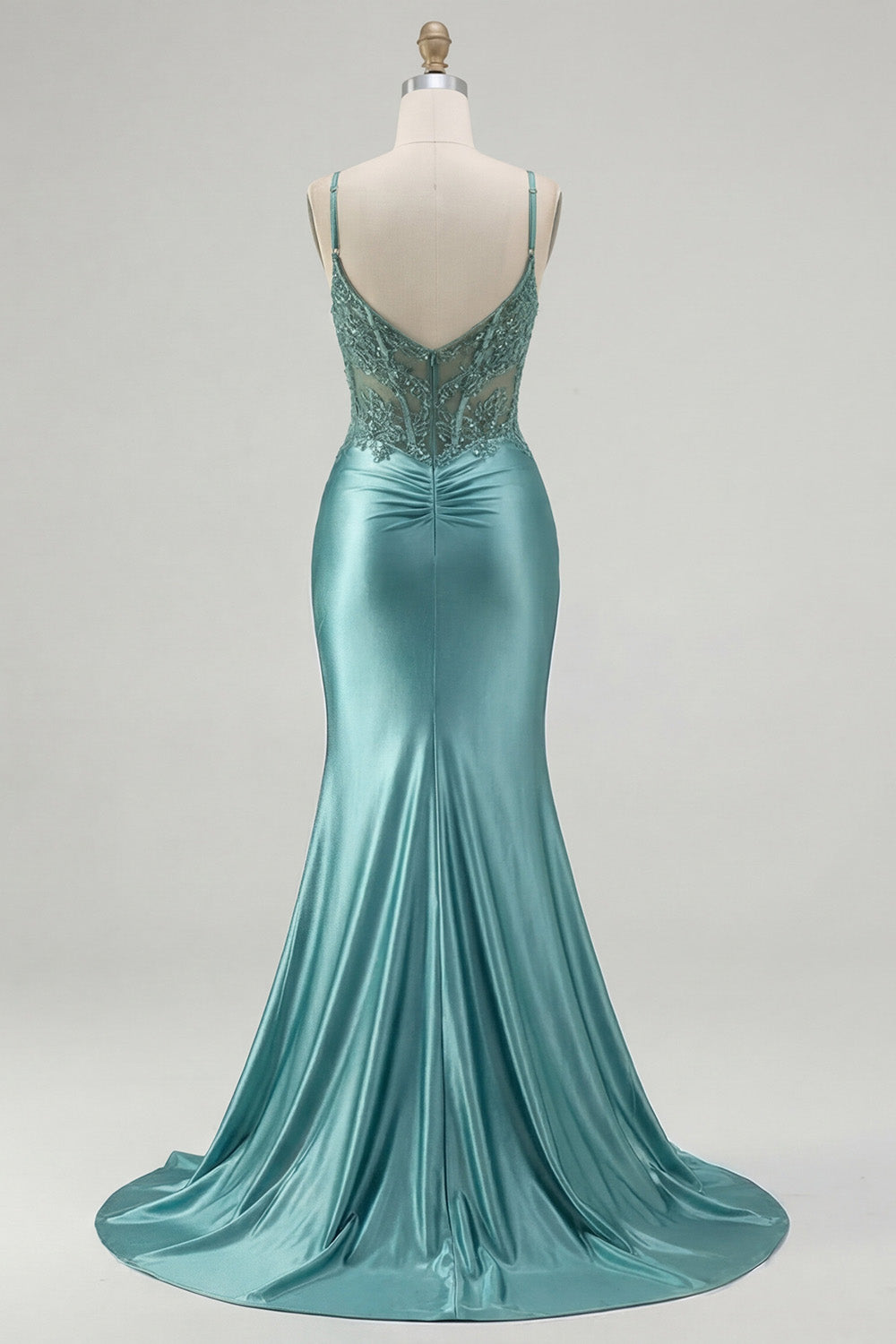 Blue Mermaid Corset Appliqued Long Prom Dress with Slit