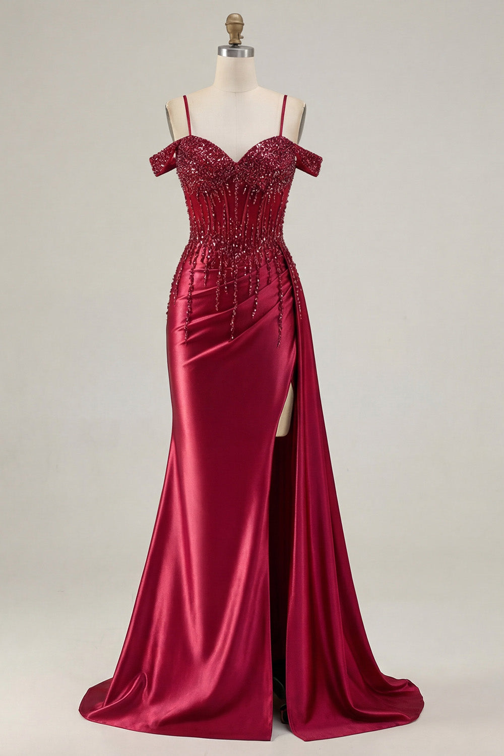 Robe de bal longue sirène à paillettes lie de vin à épaules dénudées avec fente