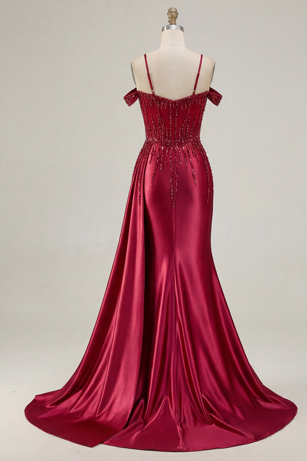 Robe de bal longue sirène à paillettes lie de vin à épaules dénudées avec fente