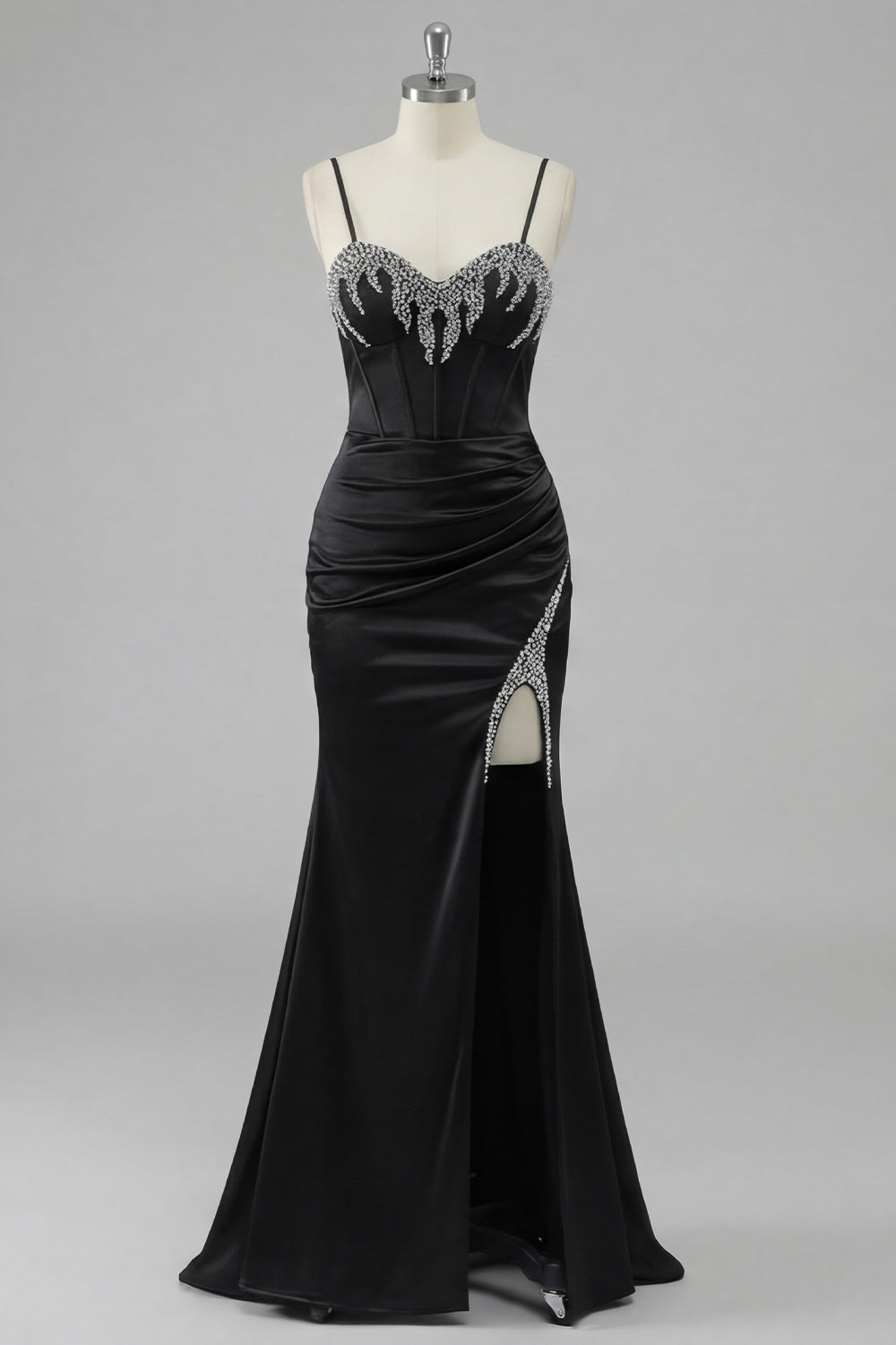 Vestido largo de fiesta de sirena con corsé y cuentas negras y espalda con cordones y abertura