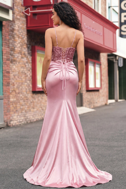 Robe de bal longue sirène à sequins et fronces rose fard à joues