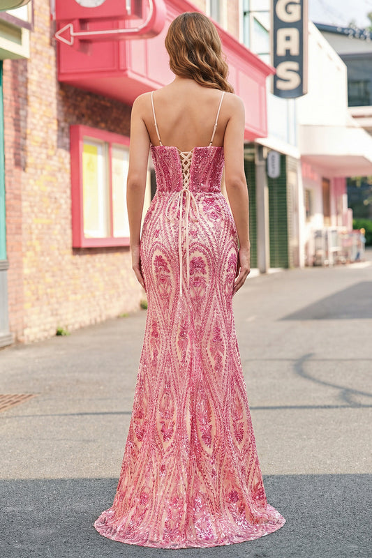 Robe de bal sirène longue rose perlée