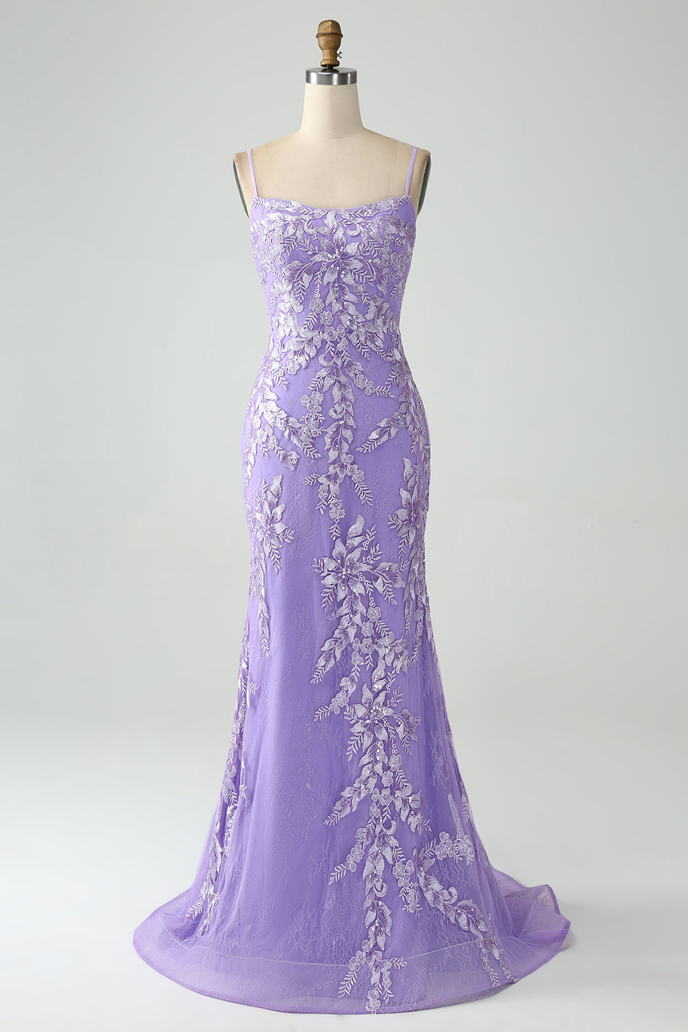 Robe de bal longue sirène lilas à fines bretelles avec appliques