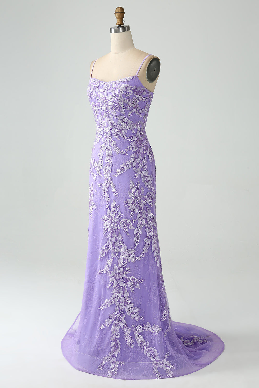 Robe de bal longue sirène lilas à fines bretelles avec appliques
